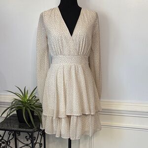 NWT Japna Tan Cream V Neck Tiered Long Sleeve Flowing Dress S